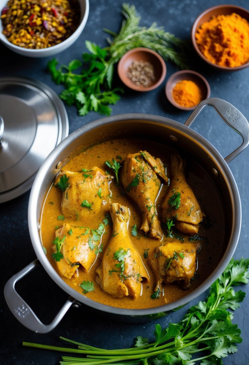 A pot simmering with fragrant Sri Lankan chicken curry, surrounded by vibrant spices and fresh herbs