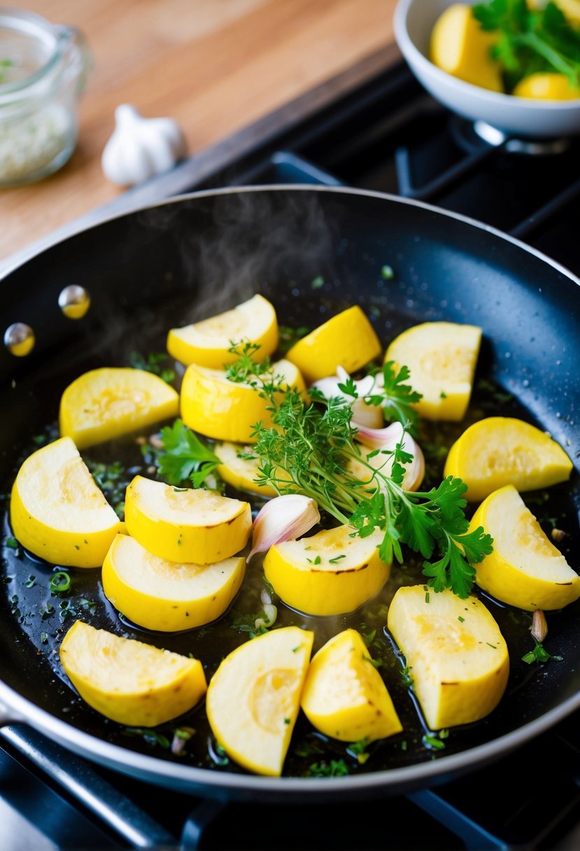 A skillet sizzling with yellow squash slices, garlic, and fresh herbs being sautéed over a stovetop