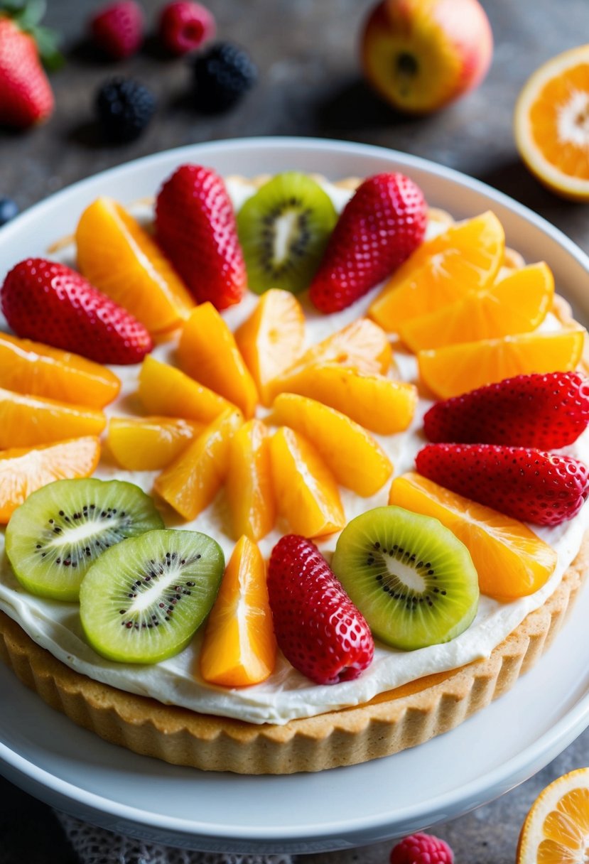 A colorful array of fresh fruit slices arranged on a golden-brown, circular crust with a layer of creamy, sweet spread