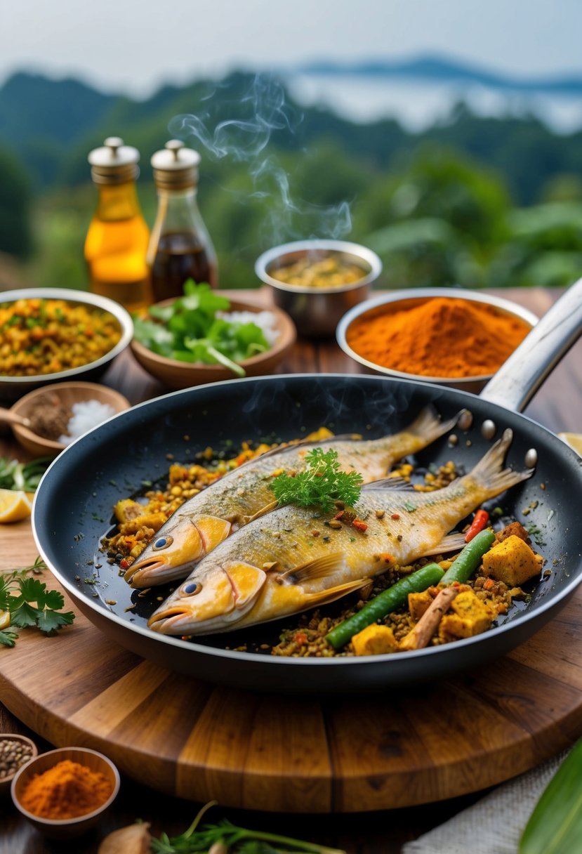 A sizzling pan of Fish Ambul Thiyal, surrounded by aromatic spices and fresh ingredients, with a backdrop of Sri Lankan scenery