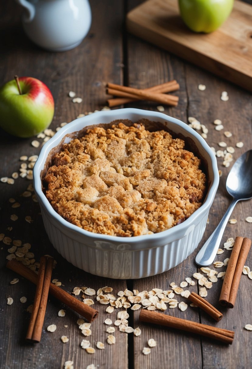 A rustic kitchen table with a golden-brown apple crisp fresh from the oven, surrounded by scattered oats and cinnamon sticks