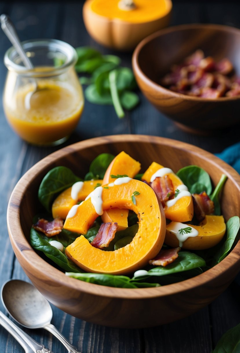 A wooden salad bowl filled with butternut squash, bacon, and spinach, with a drizzle of vinaigrette dressing