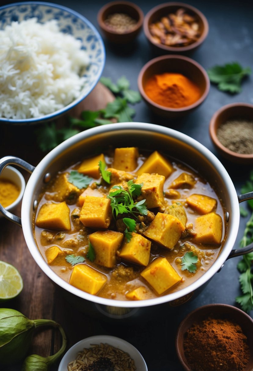 A simmering pot of jackfruit curry, surrounded by traditional Sri Lankan spices and ingredients