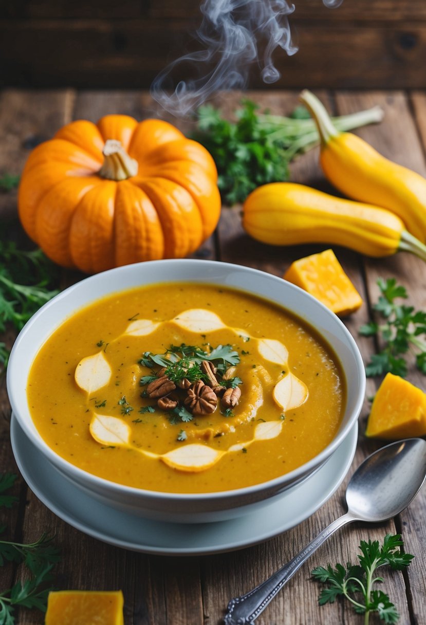 A steaming bowl of roasted pumpkin soup surrounded by fresh squash and herbs on a rustic wooden table