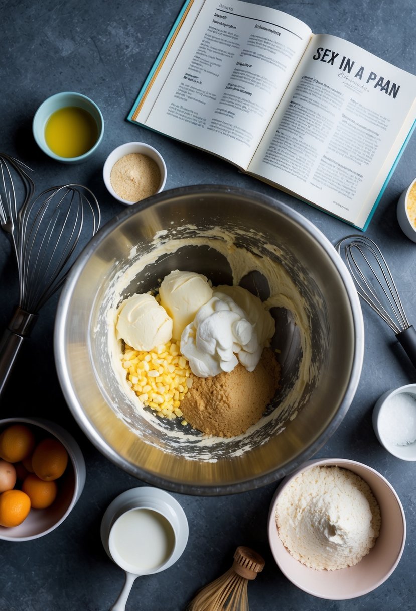 A mixing bowl with ingredients for creamy dessert, surrounded by various kitchen utensils and a recipe book open to "Sex in a Pan" recipe