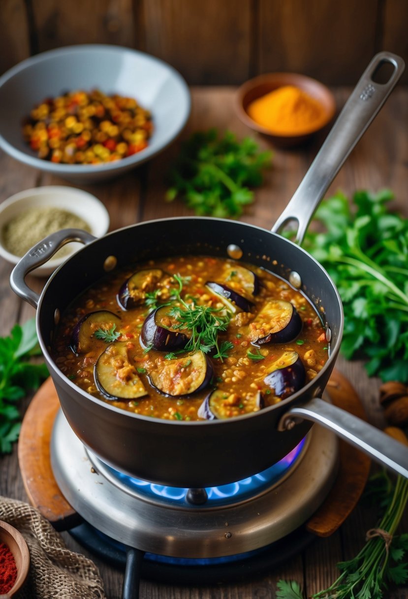 A bubbling pot of eggplant moju simmers on a rustic stove, surrounded by vibrant spices and fresh herbs