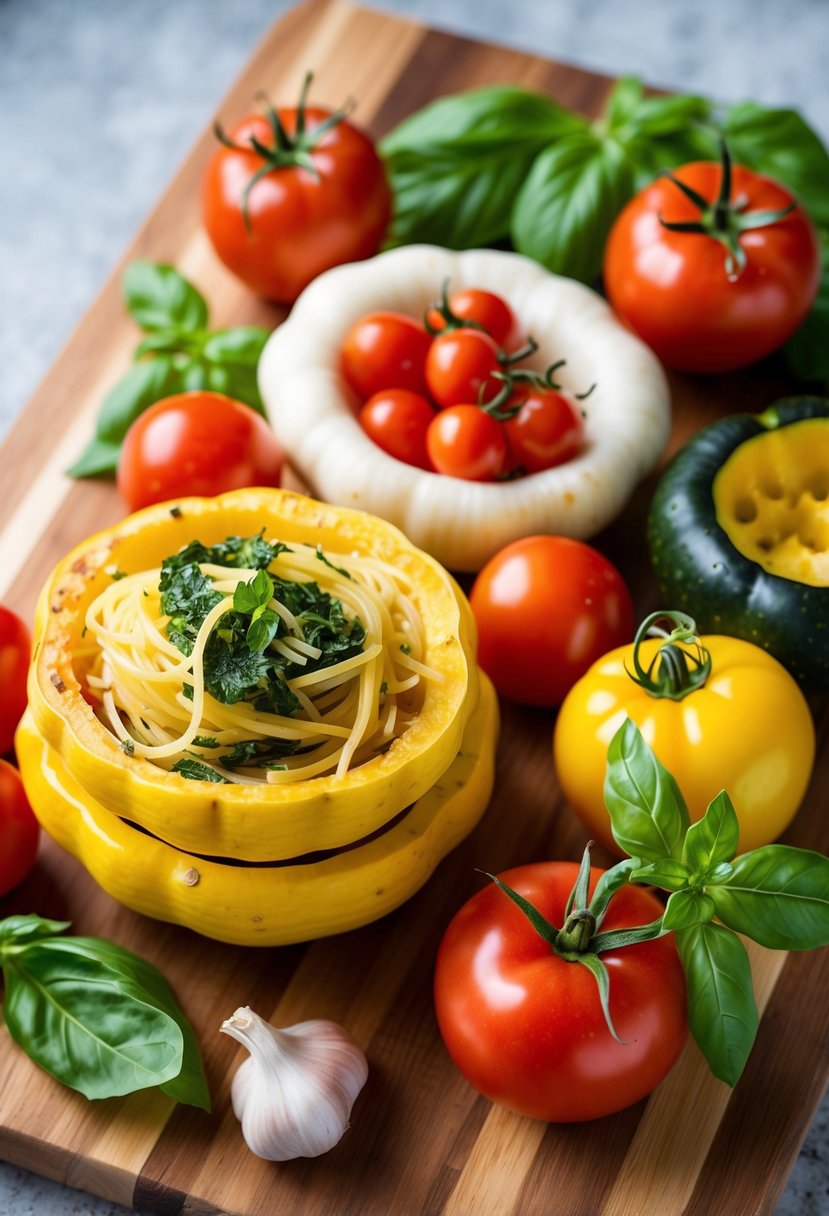 A colorful array of spaghetti squash, tomatoes, basil, and garlic on a wooden cutting board