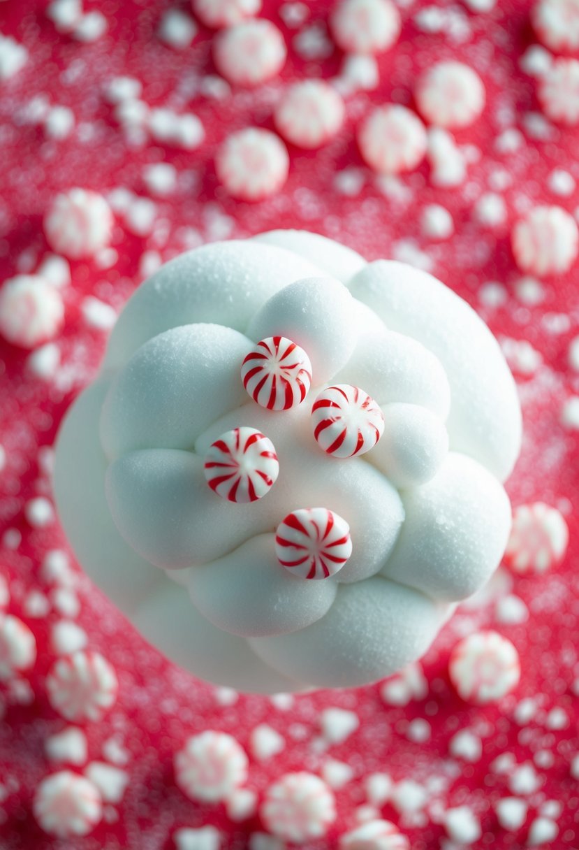 A fluffy marshmallow cloud surrounded by swirling peppermint candies and sugar crystals