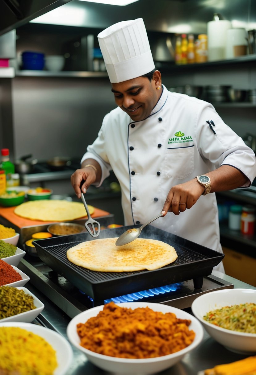 A bustling Sri Lankan kitchen with a chef cooking Kottu Roti on a sizzling hot griddle, surrounded by colorful spices and ingredients