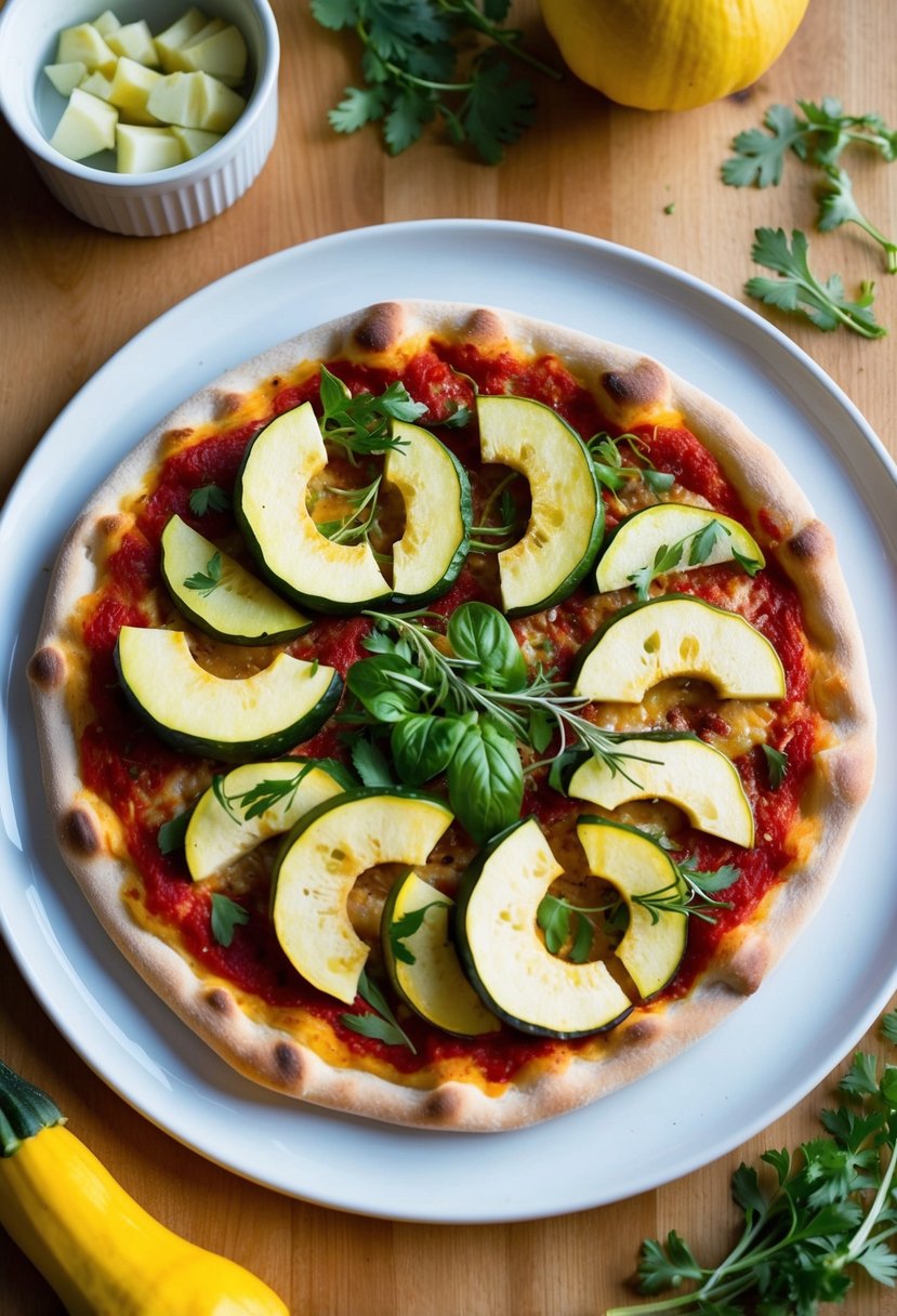 A colorful pizza topped with sliced squash and fresh herbs