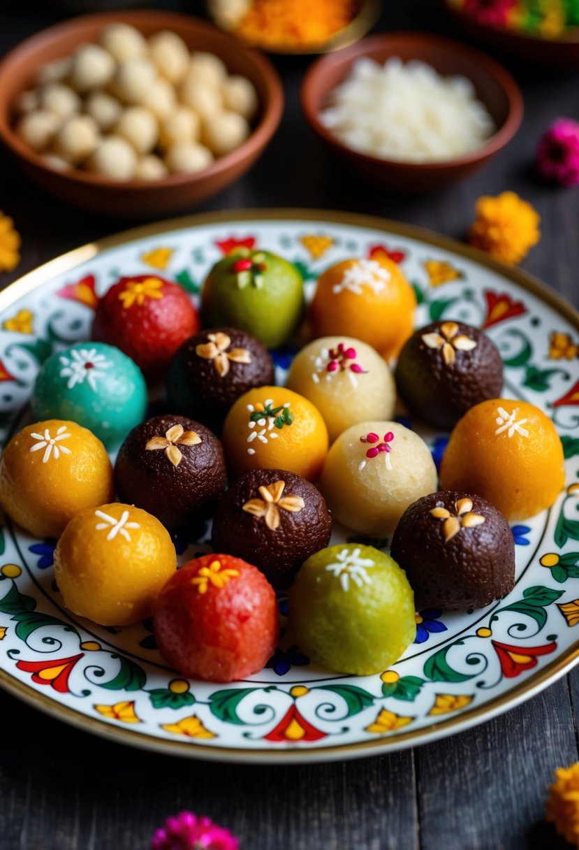 A colorful assortment of ladoos arranged on a decorative plate with traditional Indian motifs