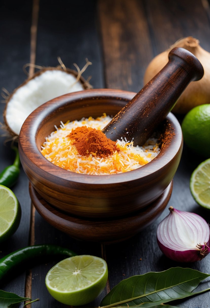 A wooden mortar and pestle filled with grated coconut, chili, and spices, surrounded by fresh ingredients like lime, onion, and curry leaves