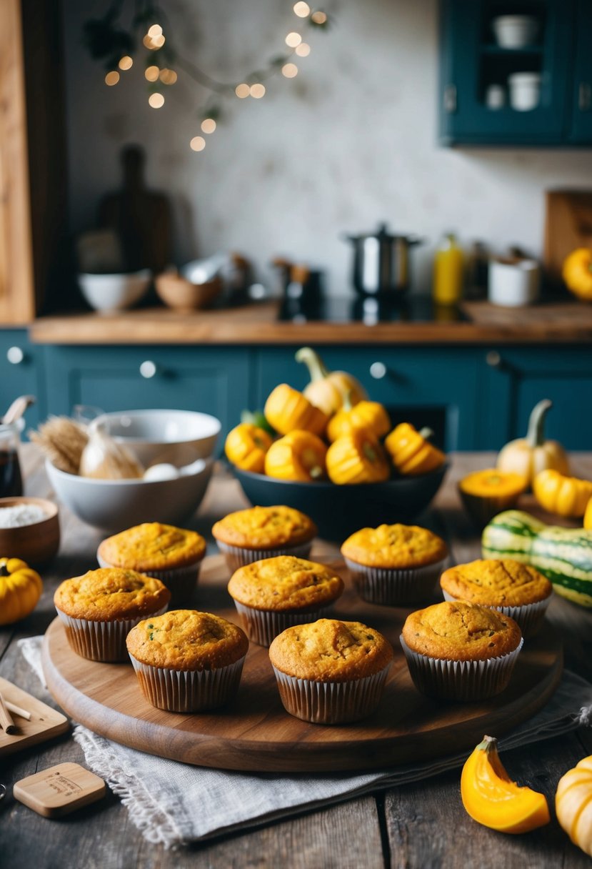 A rustic kitchen with a wooden table covered in freshly baked squash muffins, surrounded by ingredients and recipe books