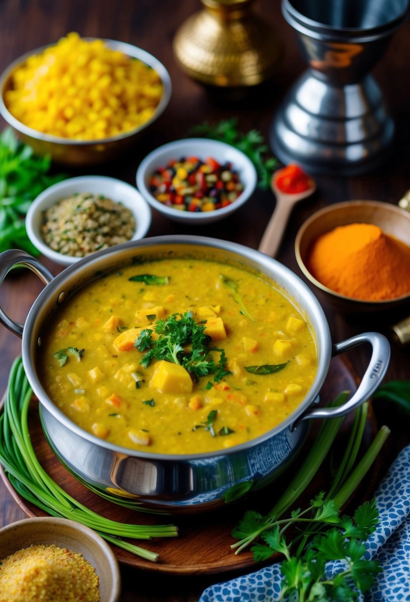 A steaming pot of yellow dhal curry surrounded by vibrant spices and fresh herbs, with a backdrop of traditional Sri Lankan kitchen utensils