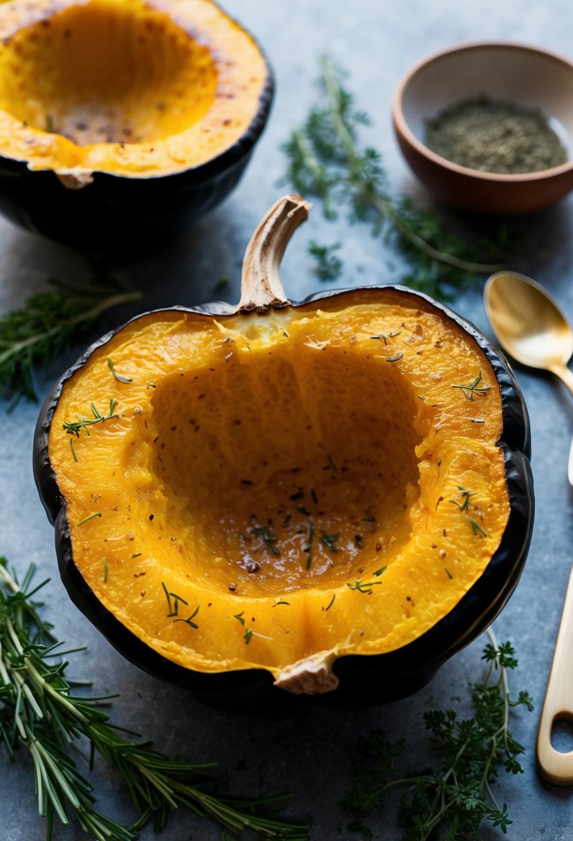 A halved acorn squash, roasted and caramelized, surrounded by fresh herbs and spices