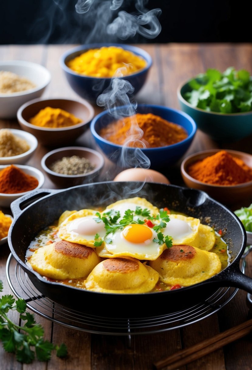 A colorful array of ingredients and spices surround a sizzling skillet of egg hoppers, with steam rising from the freshly cooked dish