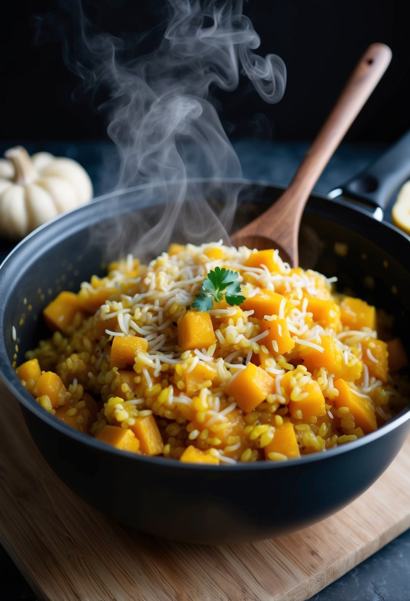 A steaming pot of butternut squash risotto with a wooden spoon resting on the edge