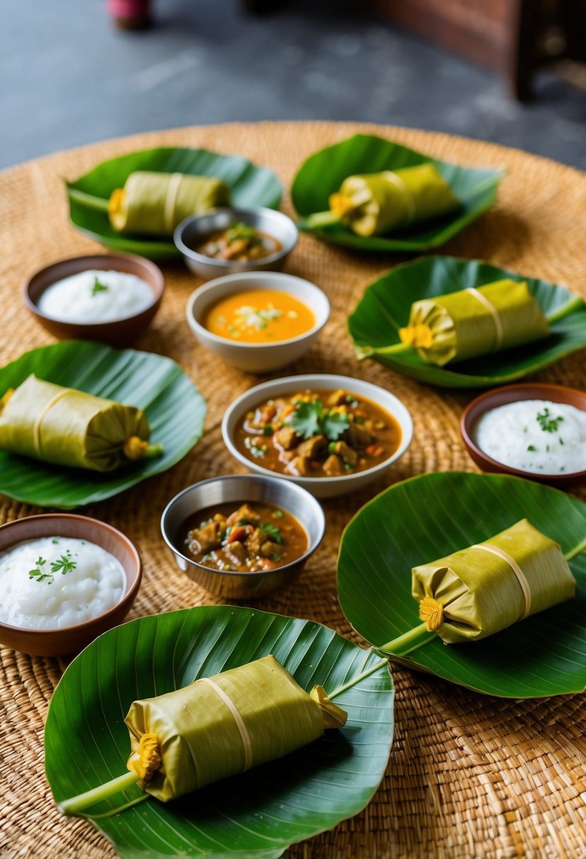 A table set with banana leaf-wrapped parcels, bowls of curry, and condiments for traditional Sri Lankan lamprais