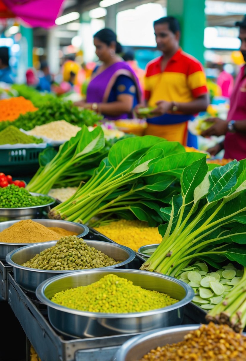 A vibrant market stall displays fresh Gotu Kola and other ingredients for making traditional Sri Lankan Mallung