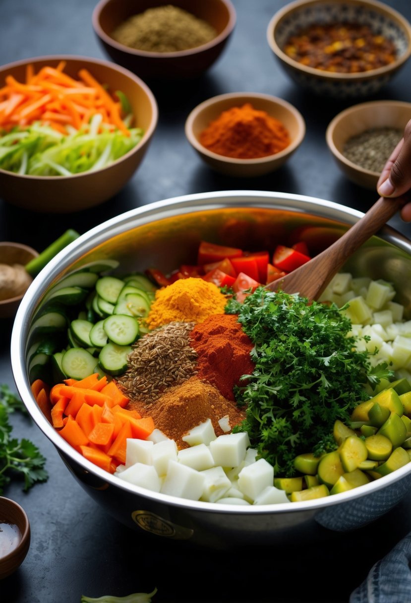 A colorful array of sliced vegetables and spices being mixed together in a large bowl to create a traditional Sri Lankan achcharu (pickle) recipe