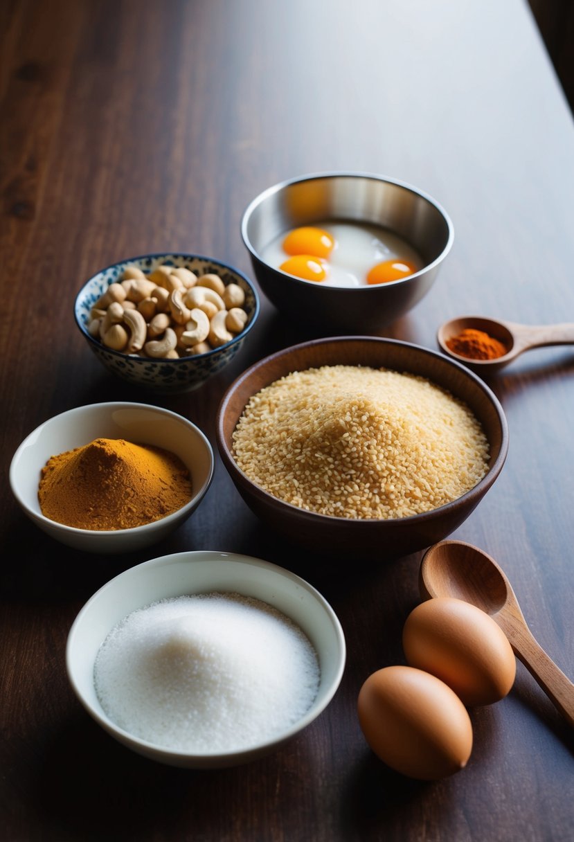 A table set with ingredients for Sri Lankan Love Cake: cashews, semolina, eggs, sugar, and spices. A mixing bowl and wooden spoon sit nearby