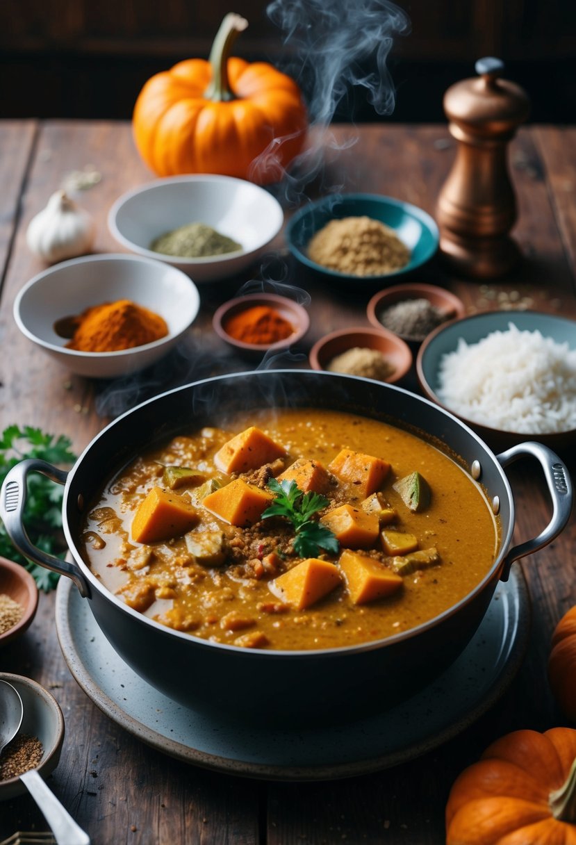 A steaming pot of pumpkin curry surrounded by spices and ingredients on a rustic kitchen counter