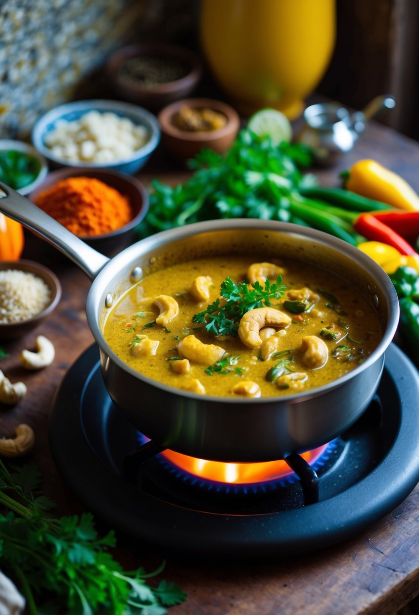 A bubbling pot of cashew curry simmers on a rustic stove, surrounded by vibrant spices, fresh herbs, and colorful vegetables