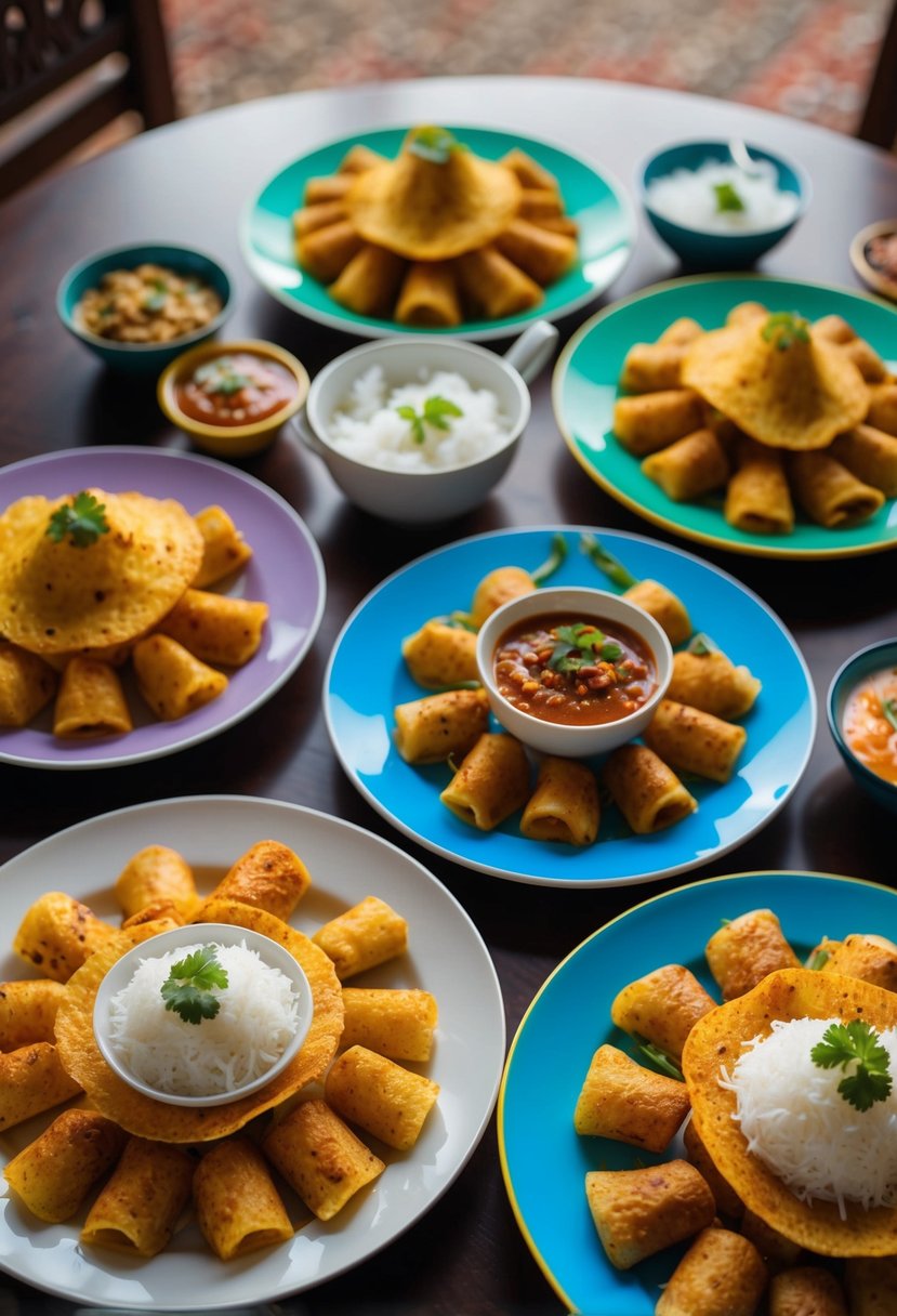 A table set with colorful plates of traditional Sri Lankan hoppers, accompanied by small bowls of spicy sambal and fragrant coconut sambol