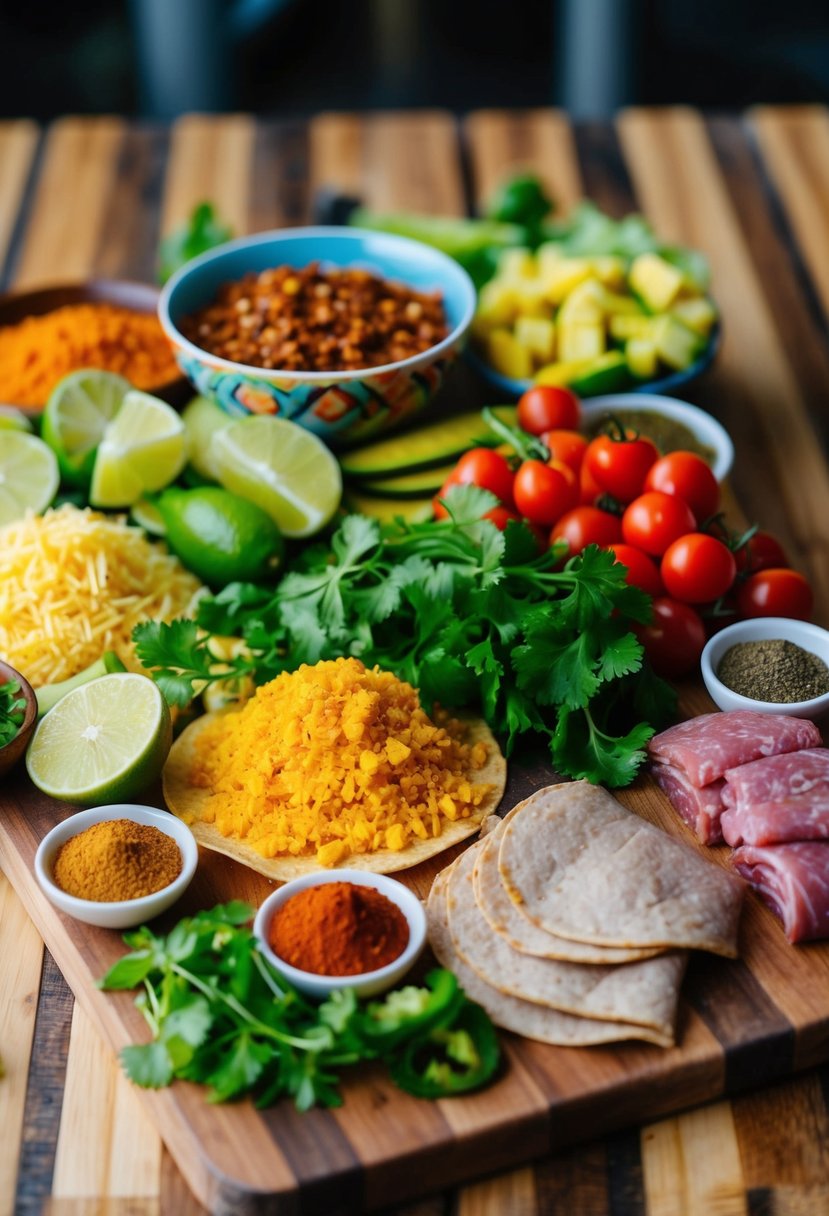 A colorful spread of taco ingredients, including fresh vegetables, savory meats, and aromatic spices, arranged on a wooden cutting board