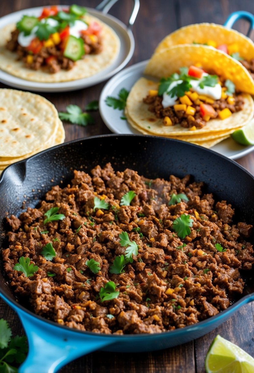 A sizzling skillet of ground beef, surrounded by colorful taco toppings and warm tortillas