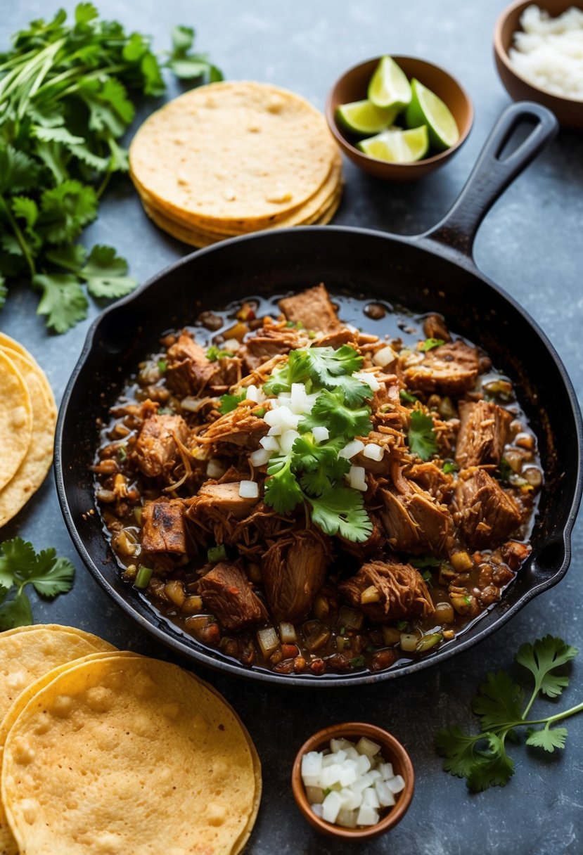 A sizzling skillet of carnitas, topped with fresh cilantro and diced onions, surrounded by warm, soft corn tortillas