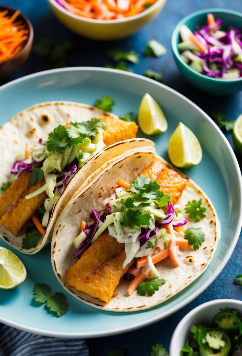 A plate of fish tacos topped with colorful slaw, surrounded by fresh ingredients and vibrant garnishes