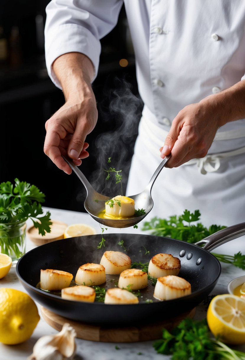 A chef sautéing scallops in a sizzling pan with butter and herbs, surrounded by fresh ingredients like lemon, garlic, and parsley