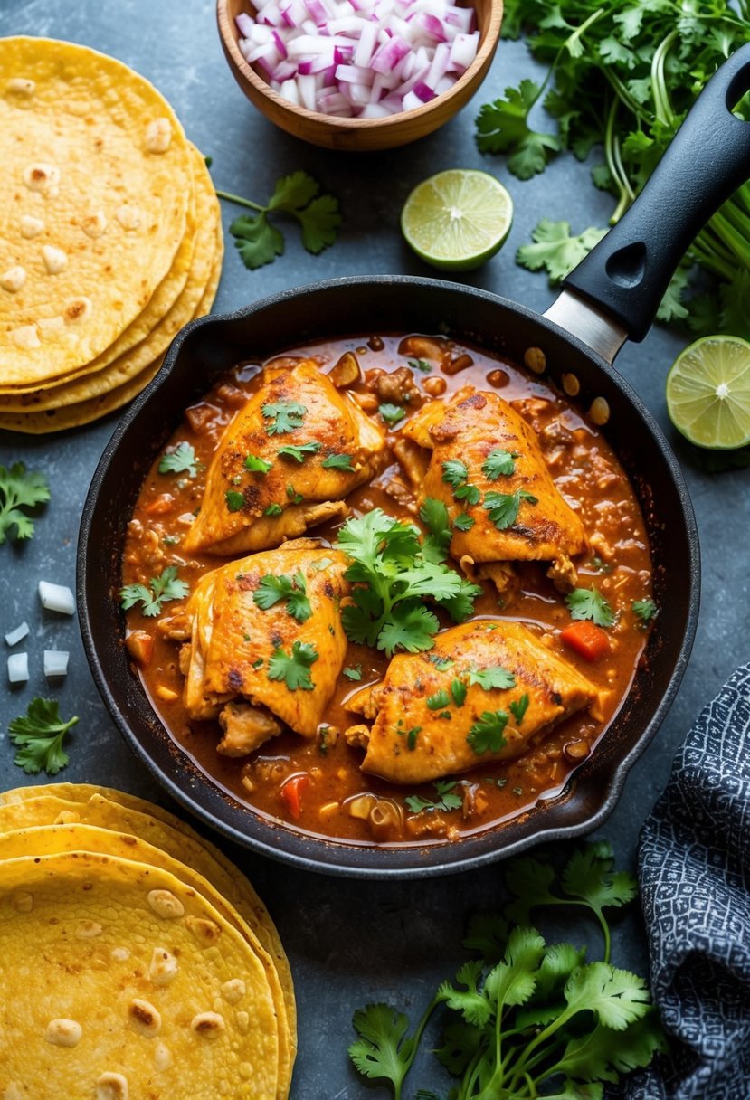 A sizzling skillet of chicken tinga simmering in a spicy tomato sauce, surrounded by warm corn tortillas, diced onions, and fresh cilantro