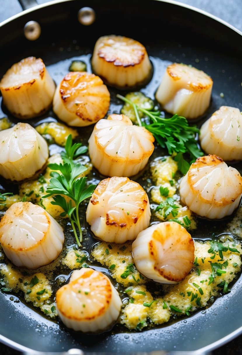 Scallops sizzling in a hot pan, surrounded by bubbling garlic butter and fresh herbs