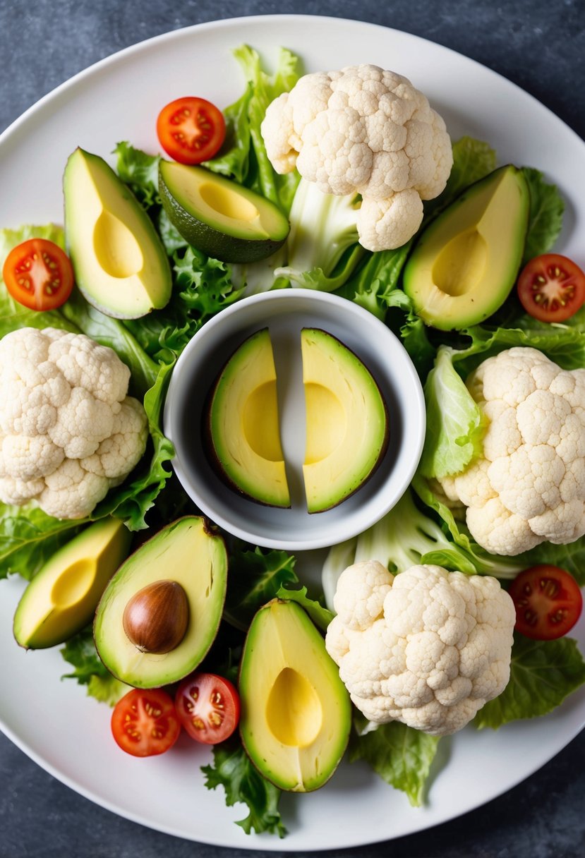 A colorful array of fresh cauliflower, avocado, tomatoes, and lettuce arranged around a plate of vegetarian cauliflower tacos