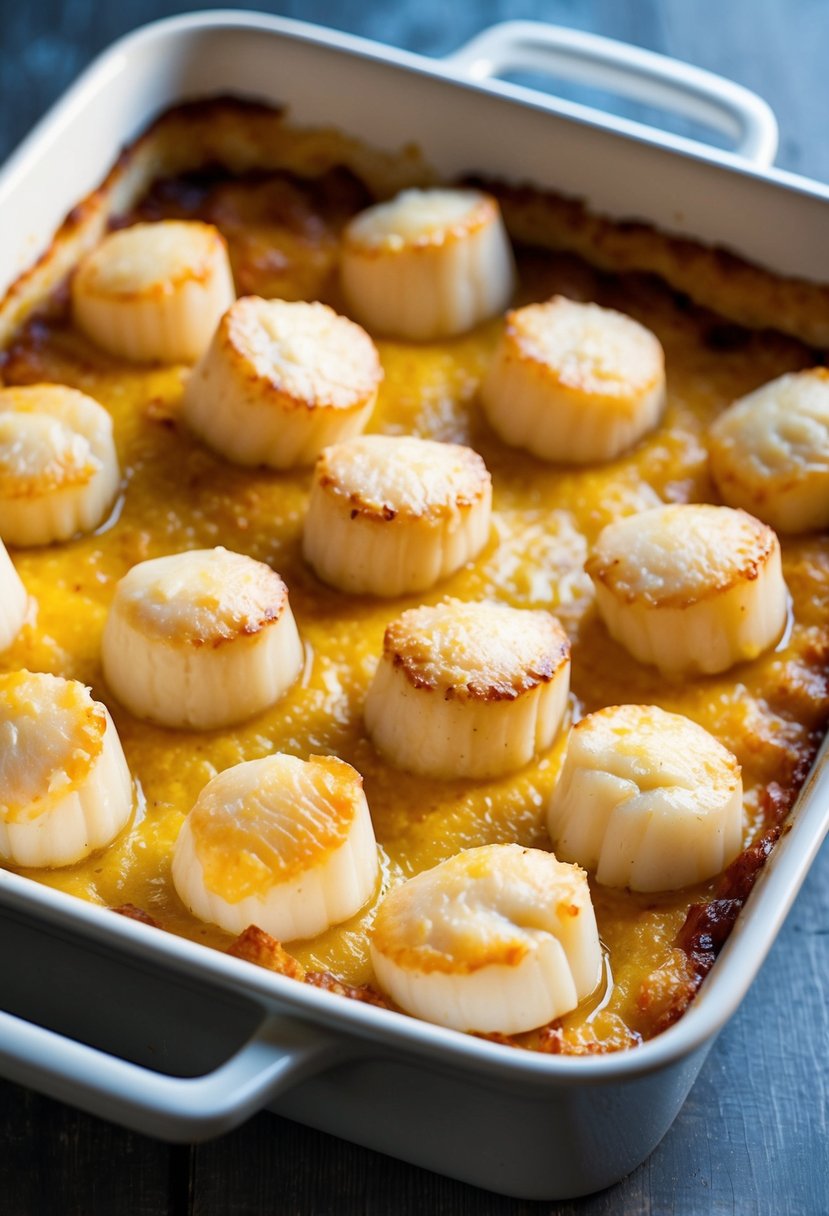 A baking dish filled with plump scallops topped with a golden layer of melted Parmesan cheese