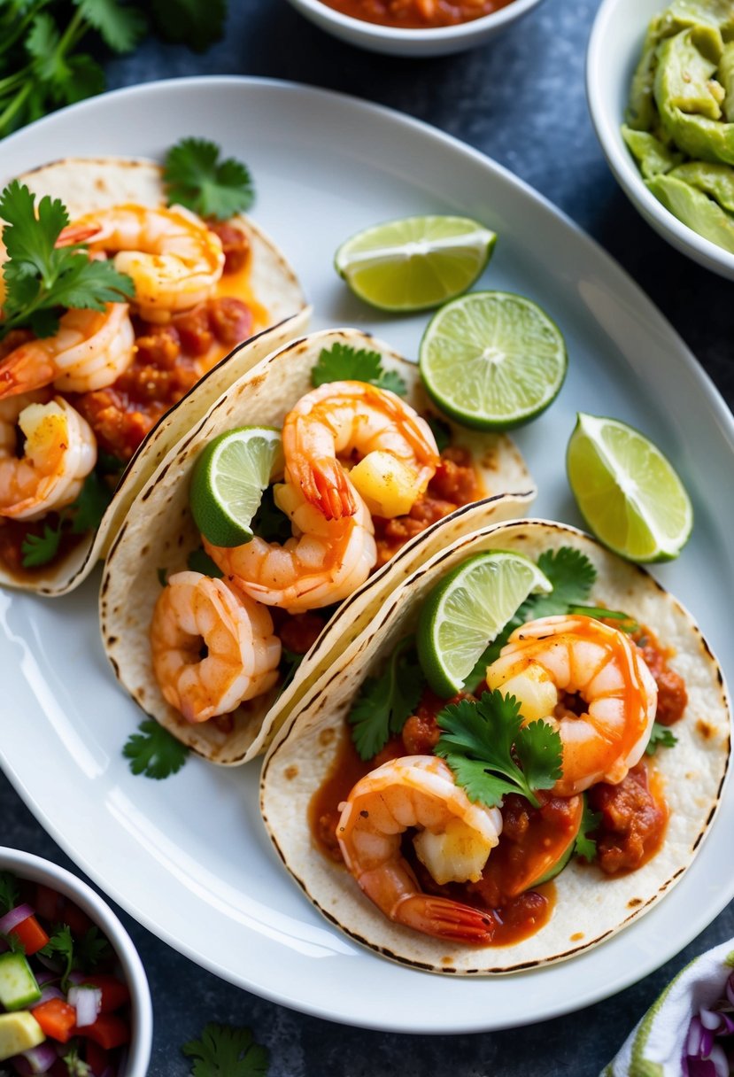 A plate of shrimp tacos topped with spicy sauce and garnished with fresh cilantro and lime slices, served alongside a side of salsa and guacamole