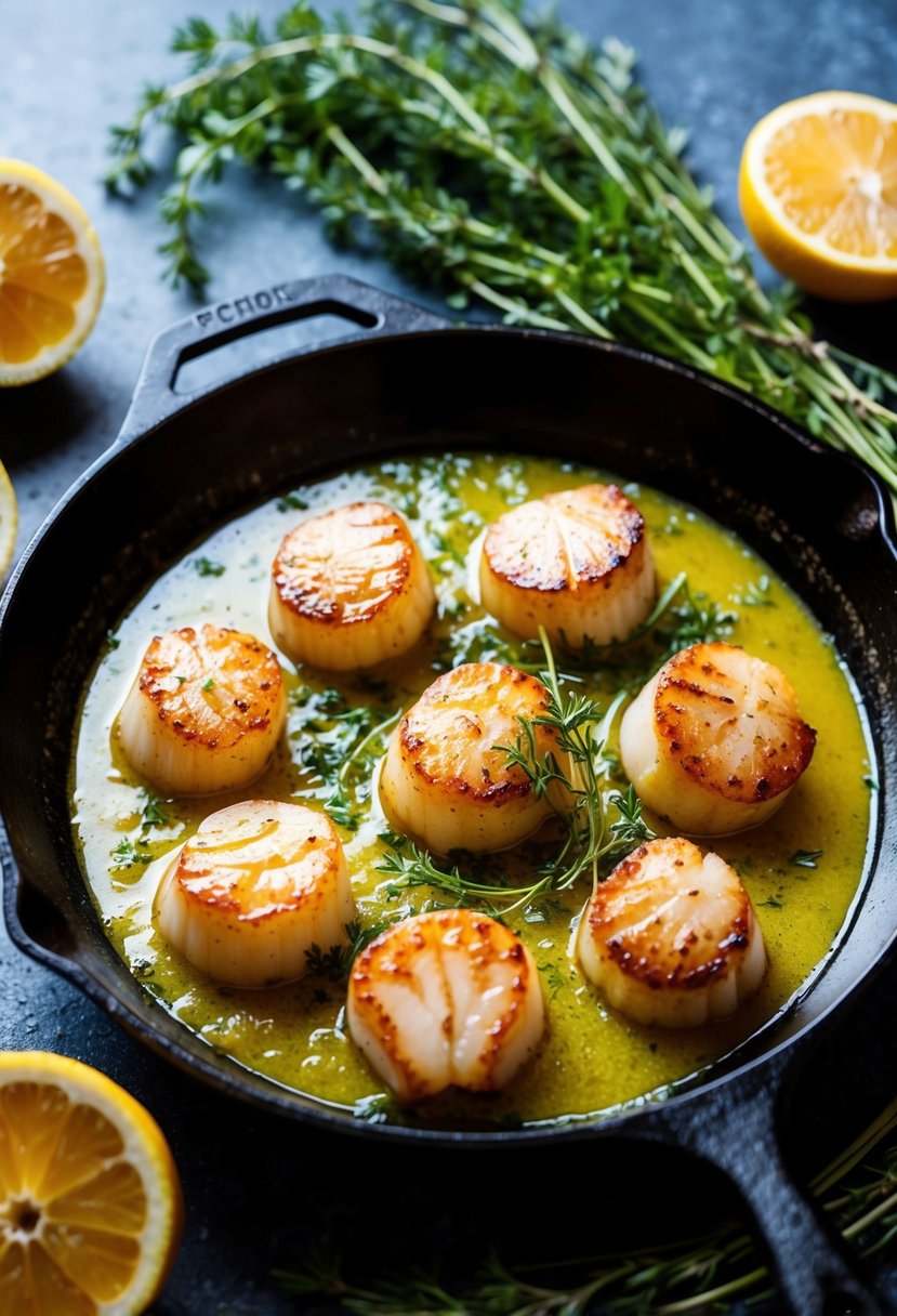 A sizzling skillet of golden-brown scallops bathed in a tangy lemon juice sauce, surrounded by sprigs of fresh herbs and wedges of citrus