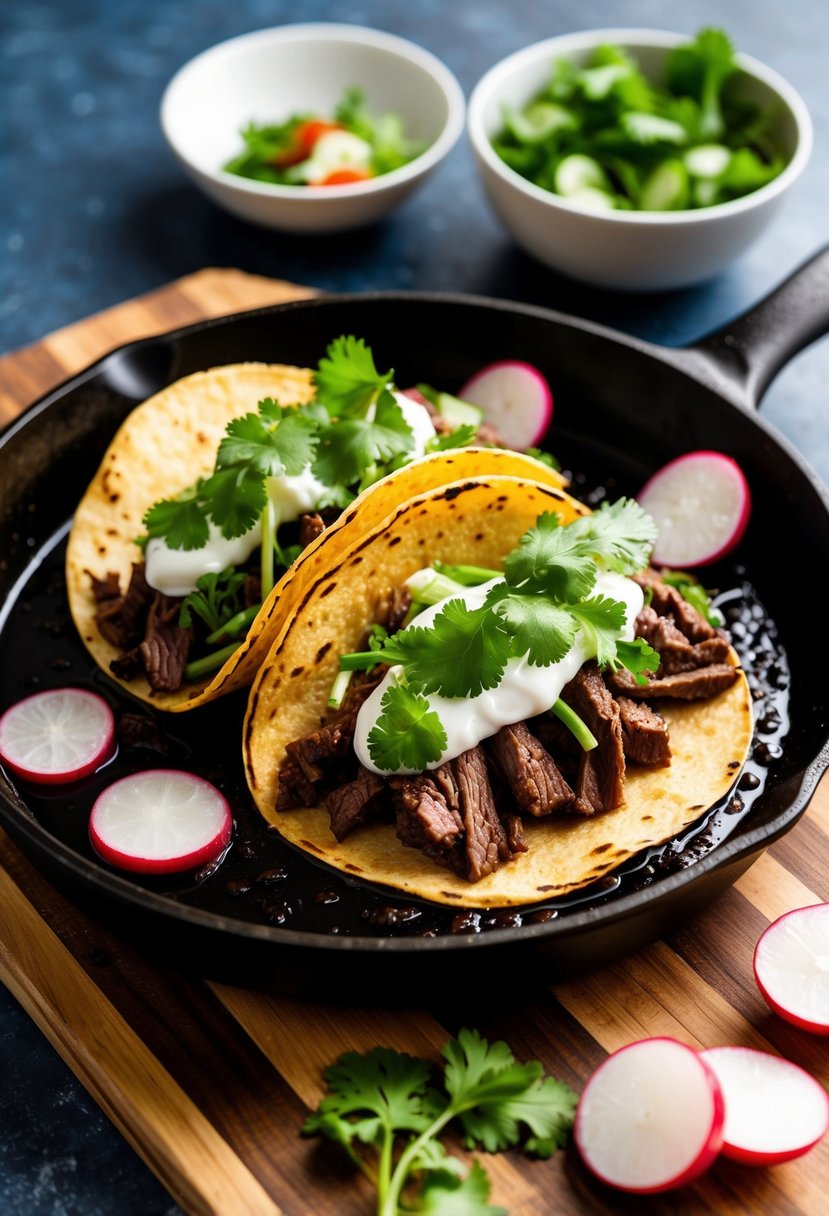 A sizzling skillet of Korean beef tacos, topped with fresh cilantro and sliced radishes, served on a wooden cutting board