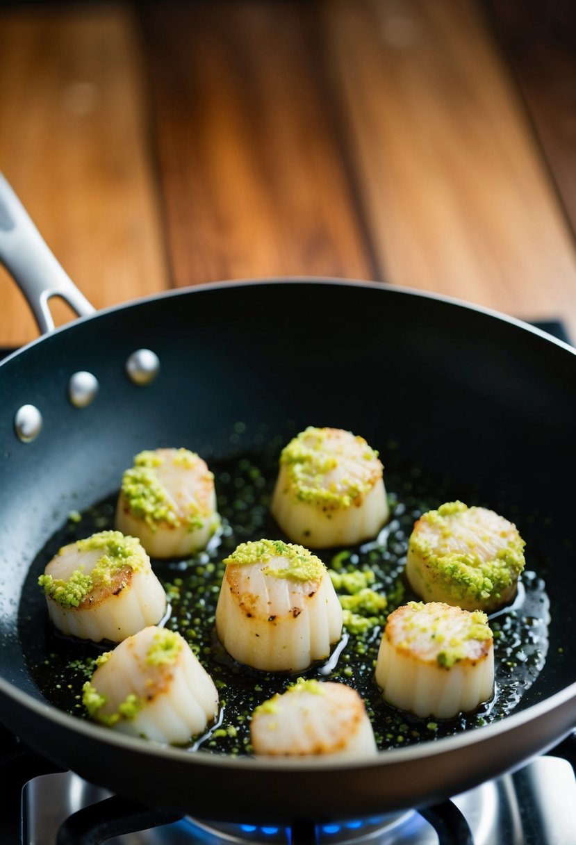 Scallops coated in wasabi pea crumbs sizzling in a hot pan