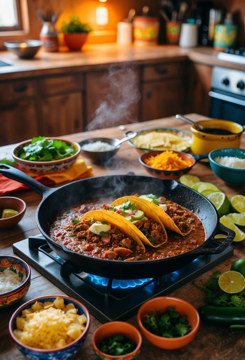 A rustic kitchen with a sizzling skillet of birria tacos, surrounded by colorful ingredients and traditional cooking utensils