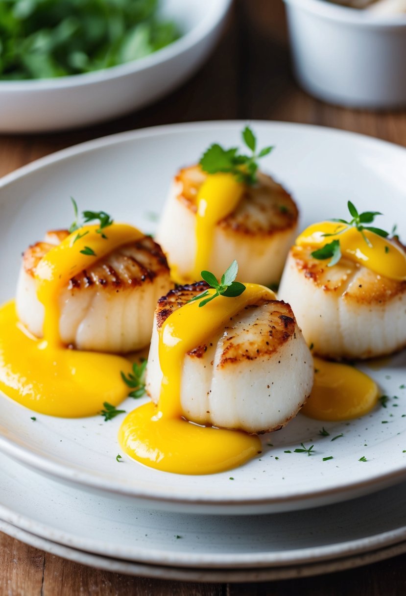 A plate of seared scallops topped with a drizzle of vibrant mango purée, garnished with fresh herbs and served on a white ceramic dish