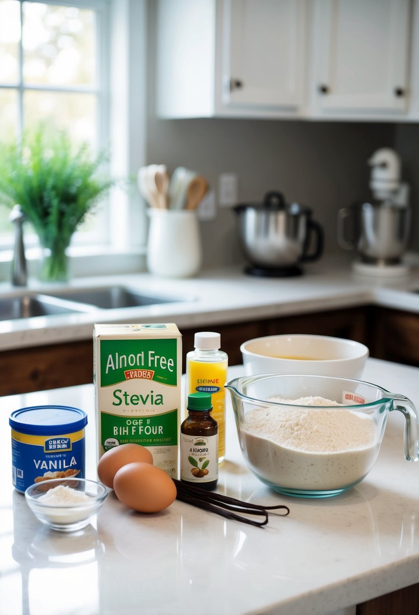 A kitchen counter with ingredients for sugar-free cake: almond flour, stevia, eggs, vanilla extract, and baking powder. Mixing bowl and measuring cups sit nearby