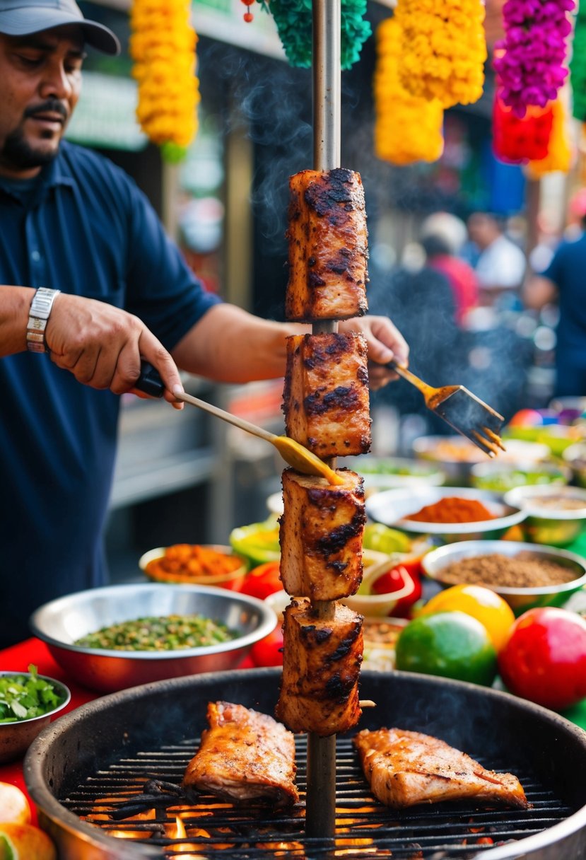 A street vendor grilling marinated pork on a vertical spit, surrounded by colorful ingredients and traditional Mexican spices