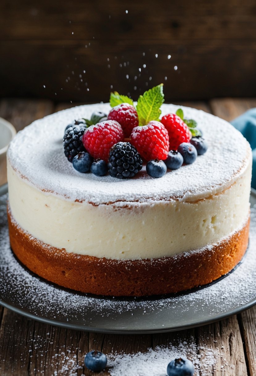 A vanilla cake with monk fruit sweetener sits on a rustic wooden table, adorned with fresh berries and a dusting of powdered sugar