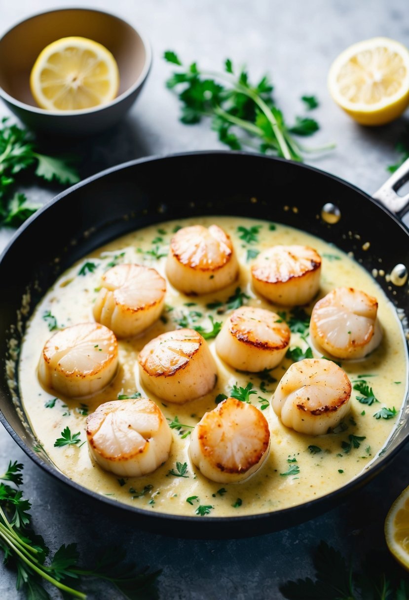 A sizzling skillet of scallops bathed in a creamy garlic white wine sauce, surrounded by fresh herbs and lemon wedges