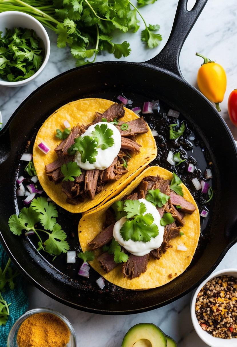 A sizzling skillet of brisket tacos, topped with fresh cilantro and diced onions, surrounded by colorful ingredients and spices