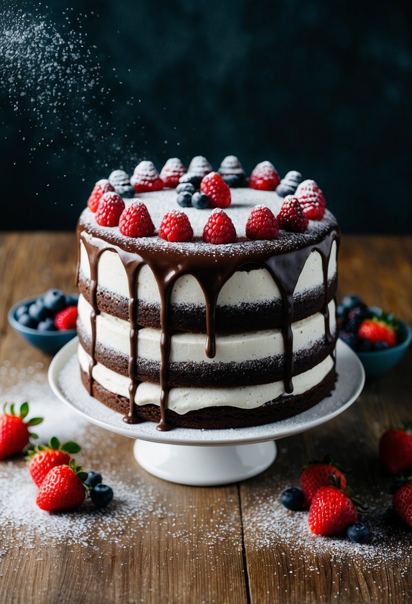 A luscious chocolate ganache layer cake sits on a table, surrounded by fresh berries and a dusting of powdered sugar