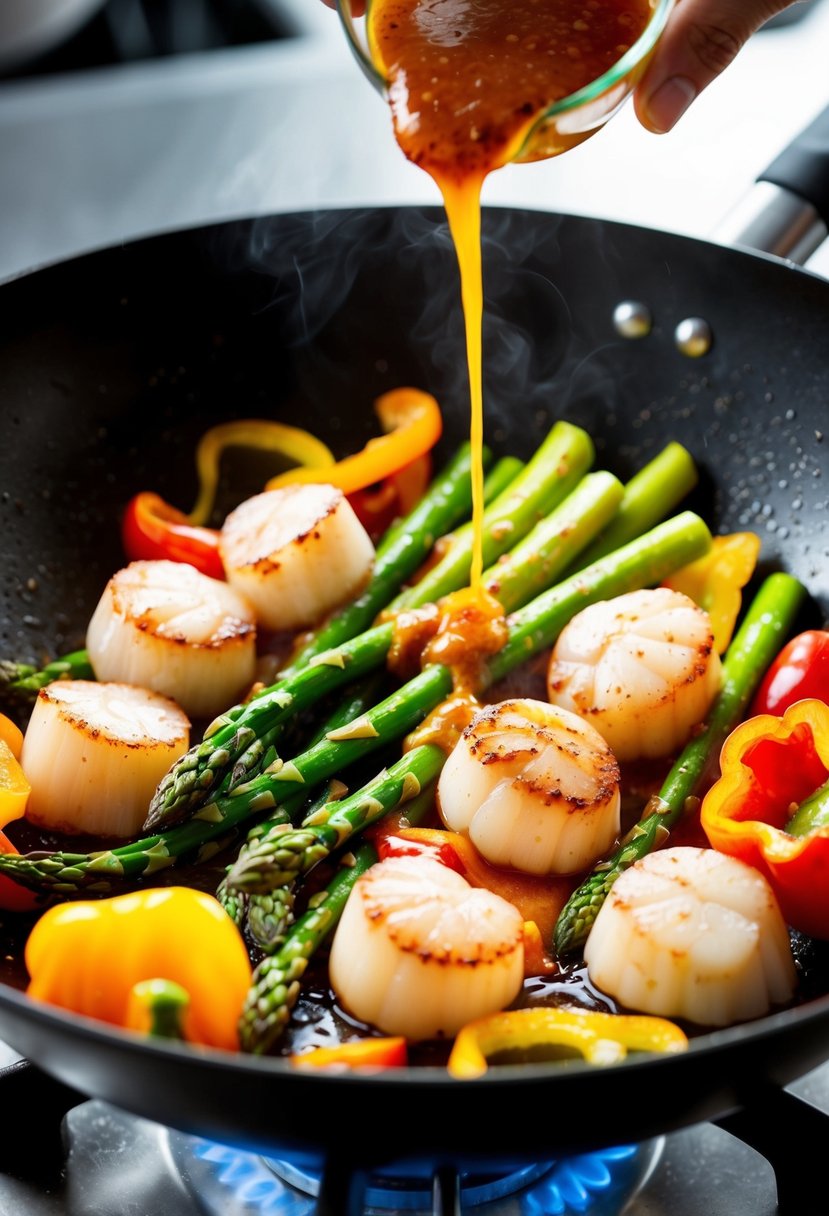 Fresh scallops and vibrant green asparagus sizzle in a hot wok, surrounded by colorful bell peppers and drizzled with a savory sauce